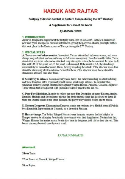 Haiduk and Rajtar: A Supplement for Lion of the North