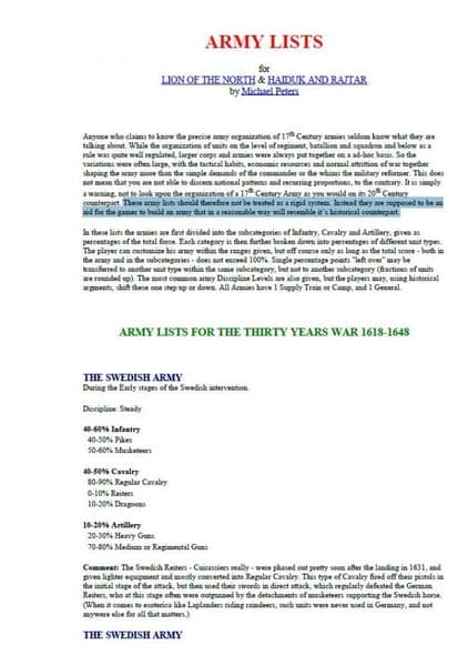Army Lists for Lion of the North & Haiduk and Rajtar