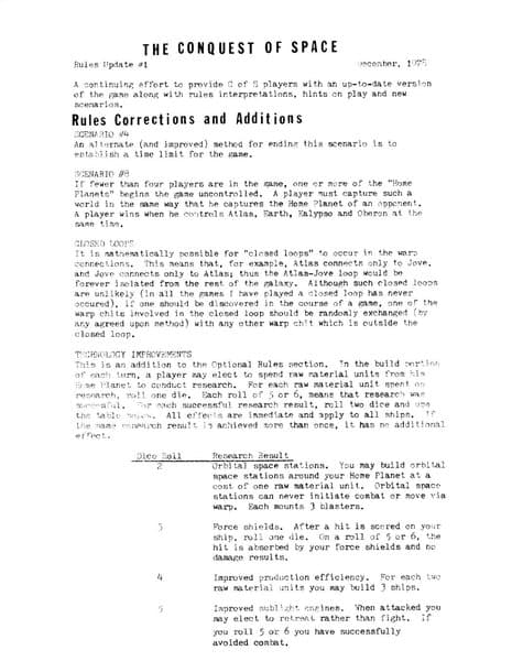 The Conquest of Space: Rules Update #1
