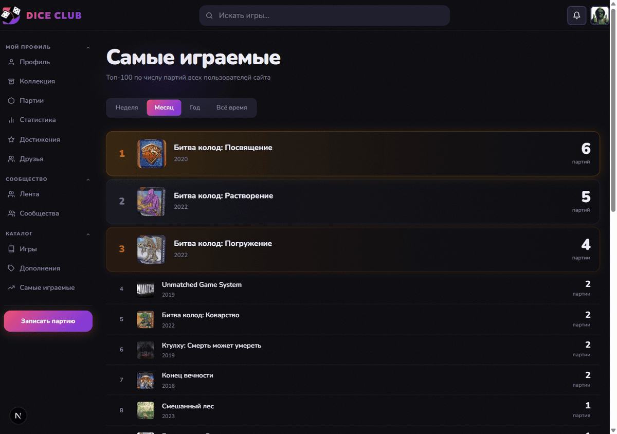 Рейтинг самых играемых игр на Dice Club с фильтром по периоду